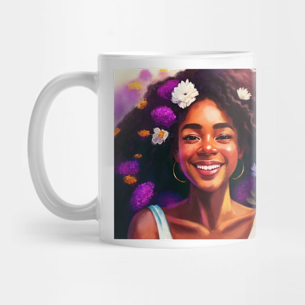 Afro girl happy portrait with flowers by astronauticarte